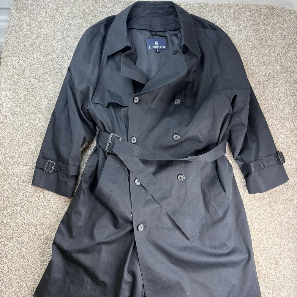 London Fog Coat Mens 42 Black Trench Belted Lined Water Resistant Classic